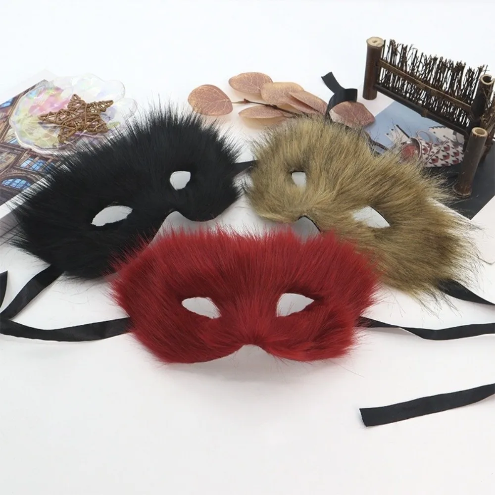 Masque de chat en peluche de dessin animé pour enfants, longue fourrure, décoration d'halloween, demi-masque pour les yeux d'animaux, masque de mascarade, fête de carnaval