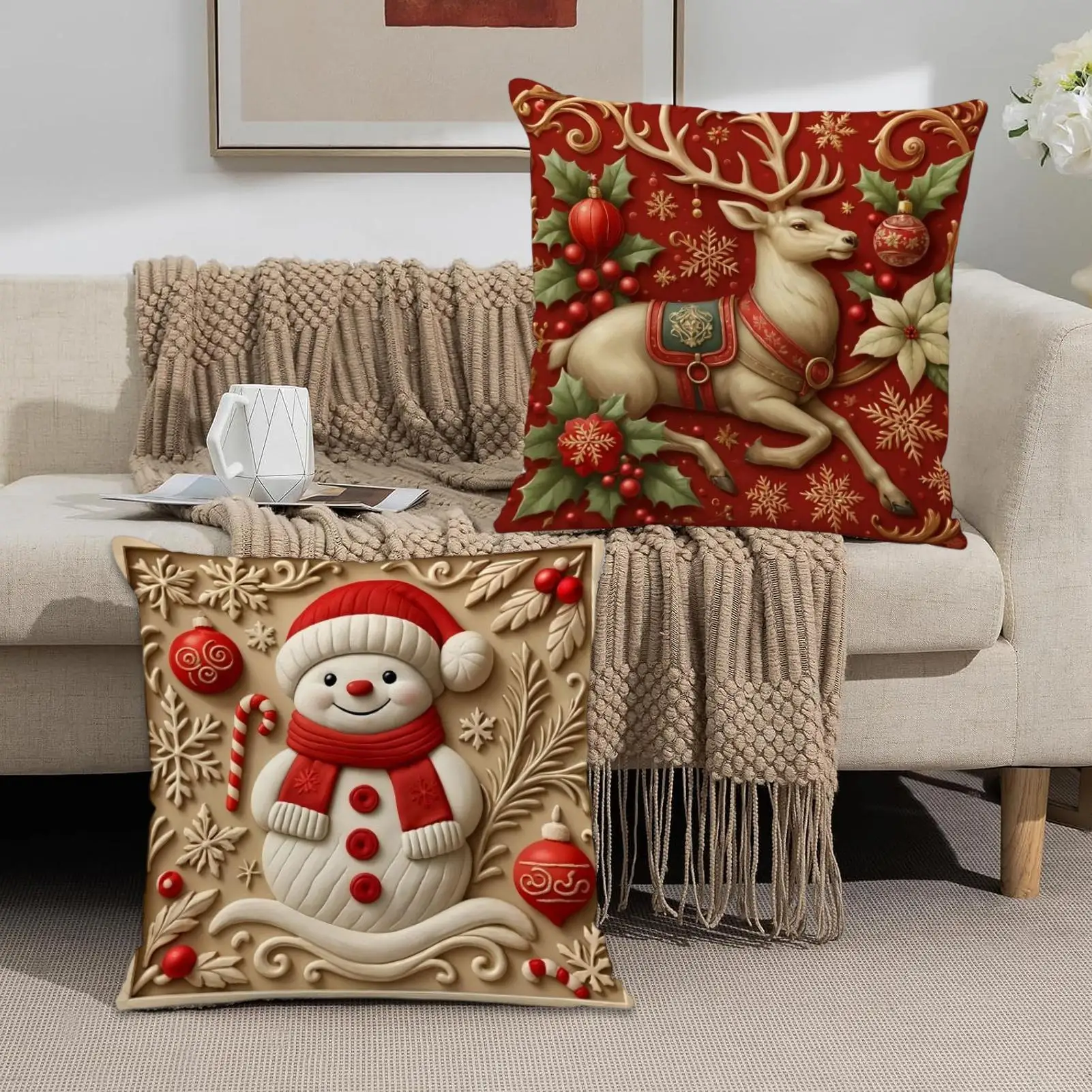 Christmas Pillow Cases 17.72inch Embroidery Pillowcase 4 Pieces Christmas Decoration Pillow Covers for Home Indoor Outdoor