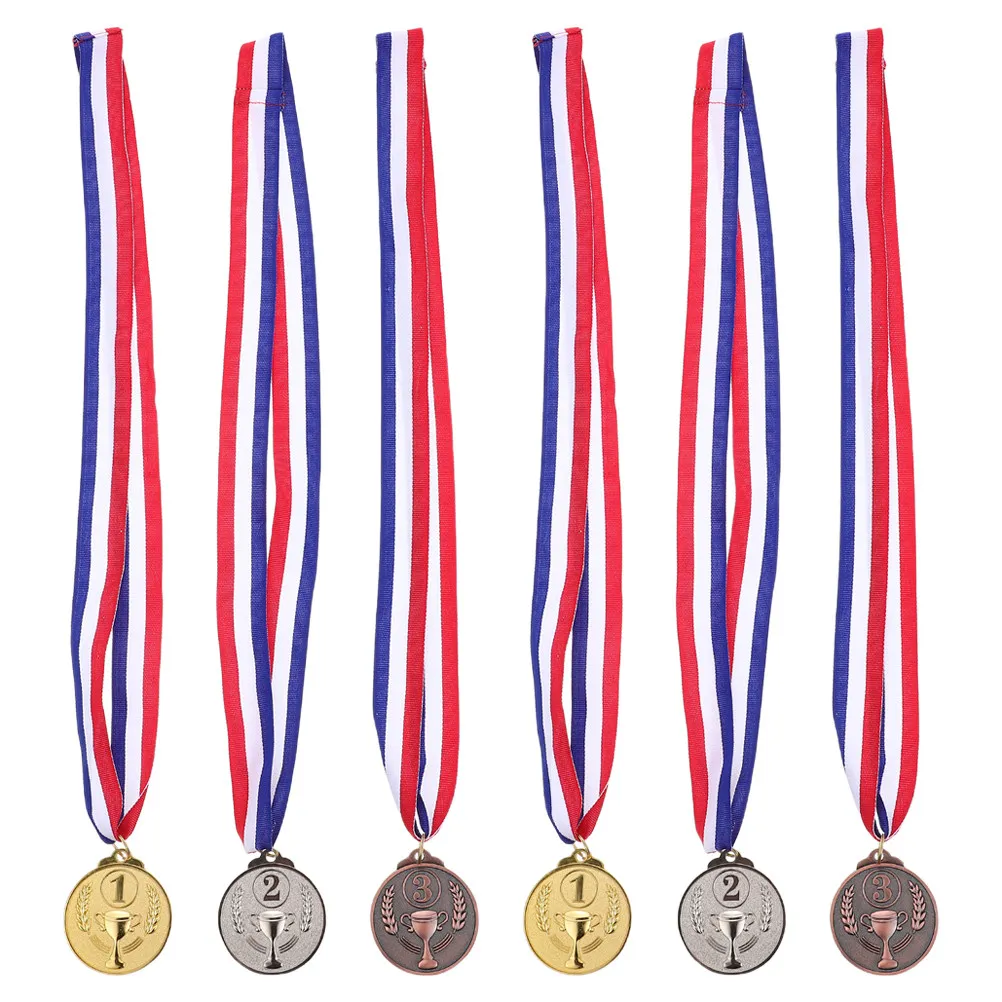 

6Pcs Award Medals Set Gold Silver Bronze Metal Medals Neck Ribbons Sports Competitions School Events Birthday Prize Ceremony