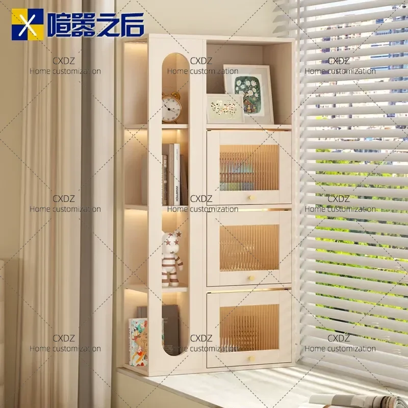 Custom Solid Wood Bay Window Cabinet Bookshelf Balcony Floor to Ceiling Sunscreen Storage Locker for Bedroom Window Sill