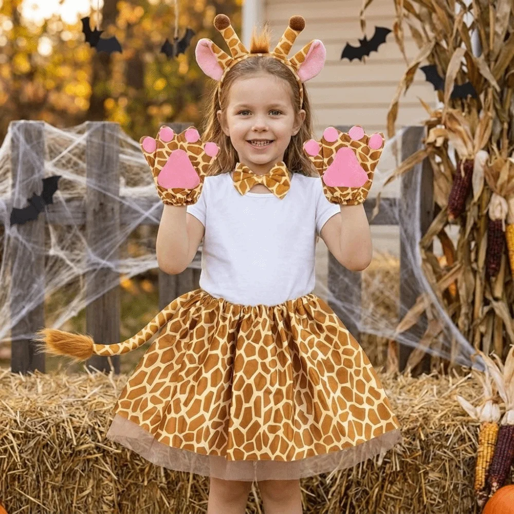 Cowgirl Skirt Headband Bow Hairband Animal Ears Tail Complete Set Performance Costumes Giraffe Children Short Dress Toddler