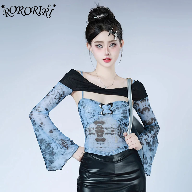 

RORORIRI Women One-shoulder Flare Long Sleeves T-shirt Y2k Tie Dye Mesh Crop Top Butterfly Buckle Camisole Grayu Vintage Clothes