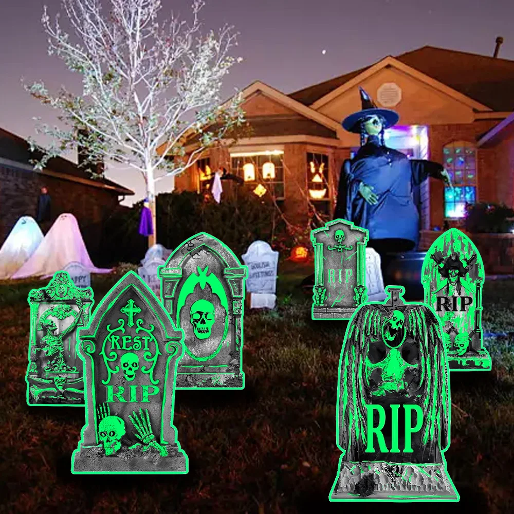 6PCS Halloween Tombstone Yard Sign Decorations Outdoor, 6Pcs Glow in the Dark Halloween RIP Tombstone Lawn Sign with Stakes, Hal