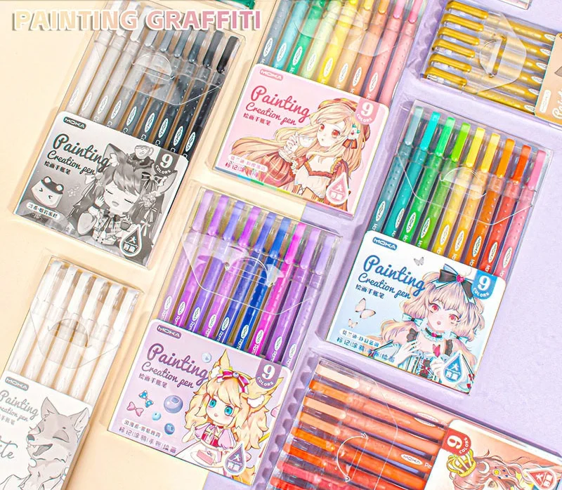 9-teiliges romantisches mehrfarbiges Stiftset mit Gel-Tinte, Vintage-Marker, Liner, 0,5 mm Kugelschreiber, Schreibwaren, Geschenk, F3091 – Detail 3