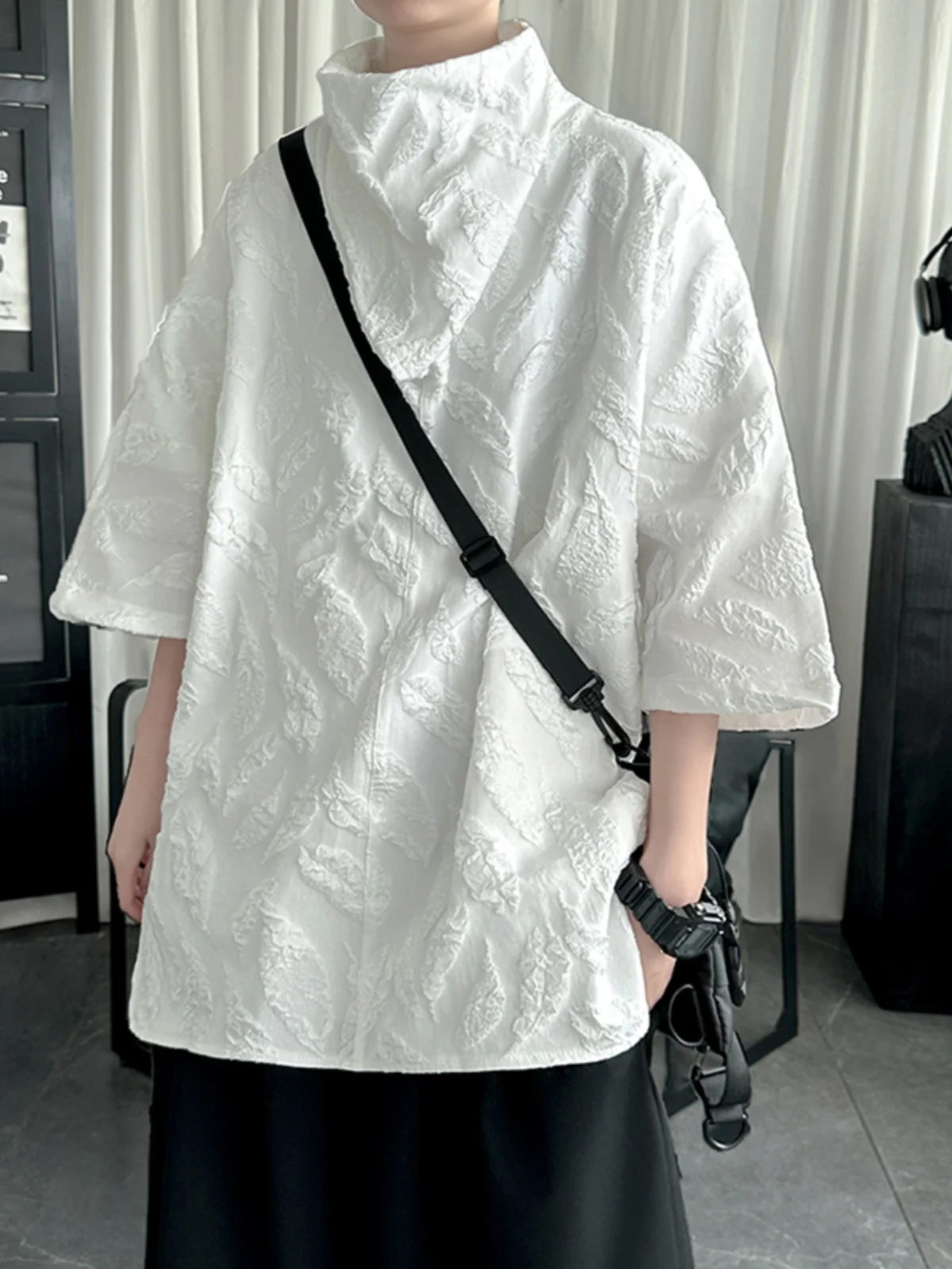 Ice Silk Short Sleeve T-Shirt Men's Summer New Chinese Style National Trend Handsome Men's Small Design High Collar 7 Sleeve