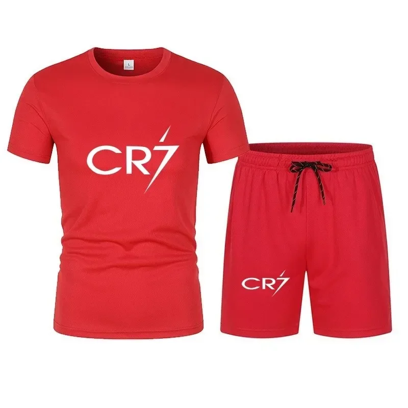 

Men's quick-drying short-sleeved T-shirt set, summer new multi-color outdoor sports pullover + jogging shorts 2-piece set