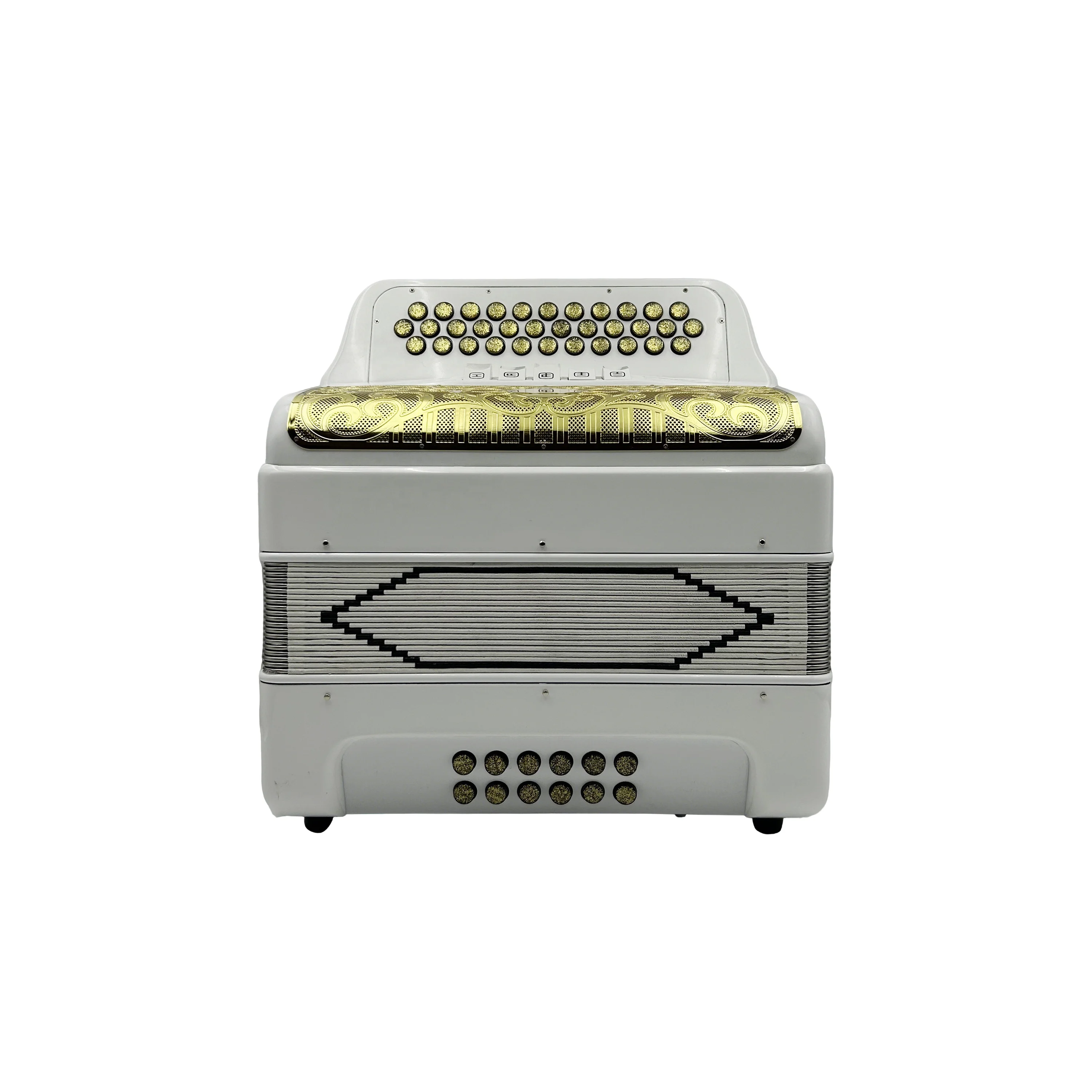 Diatonic Accordion JB3412D 34 Buttons 12 Bass 5 Registers Bright White Body Gold Grill Gold Buttons White Registers
