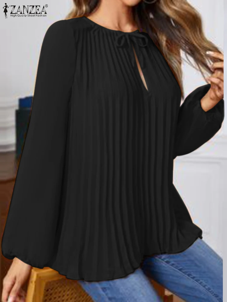 Women Solid Blouse ZANZEA Oversize 2023 Autumn Long Lantern Sleeve Tops Fashion Bowtie Neck Shirt Casual Hollow Out Pleats Blusa