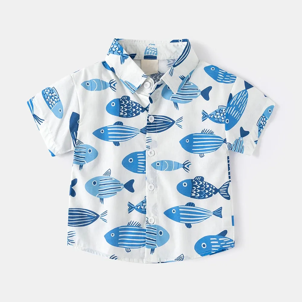 Children Clothes Girl Boy Beach Leaf Print Collar Shirts Summer Kids Short Sleeve Tops Casual Clothes Holiday Outfit Clothing