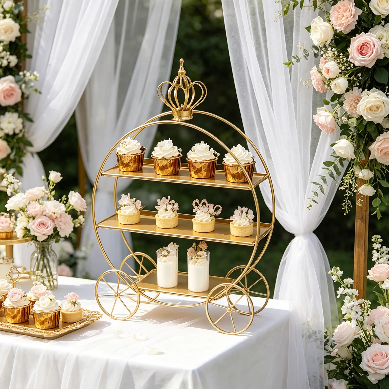 

Elegant 3-Tier Metal Dessert Stand, Carriage Cupcake Holder for Wedding, Baby Shower, Afternoon Tea Party