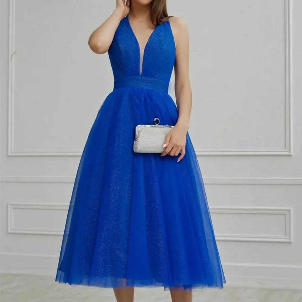

Elegant Short Blue V Neck Glitter Tulle Evening Dresses Sleeveless A Line Tea Length Robe De Soiree Femmes
