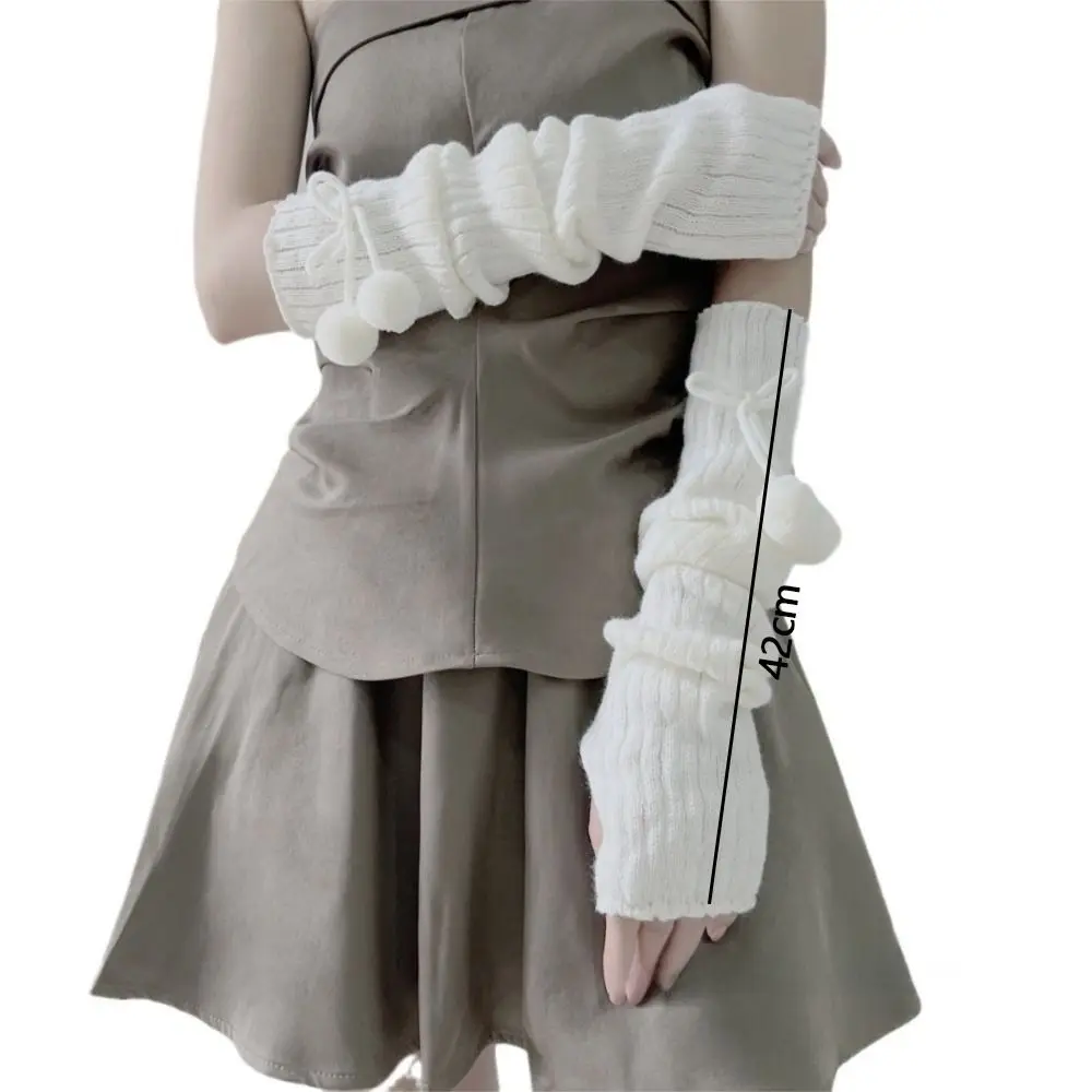 Fashion Long Arm Warmer Gloves Knitted Cute Furry Ball Warm Arm Sleeve Cold Proof Fingerless Gloves Autumn Winter