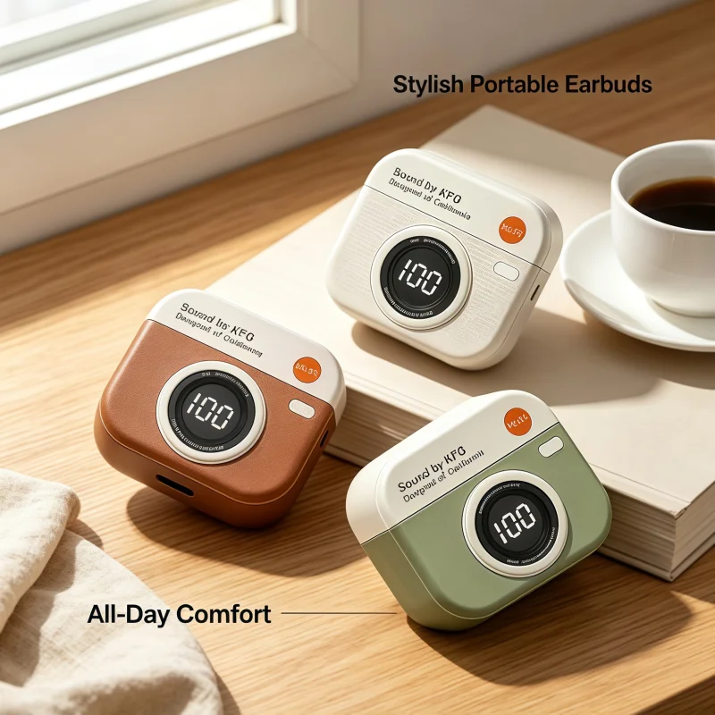 Retro Camera Wireless Earbuds｜LED Digital Display Charging Case, Stylish Bluetooth In-Ear Headphones All-Day Comfort
