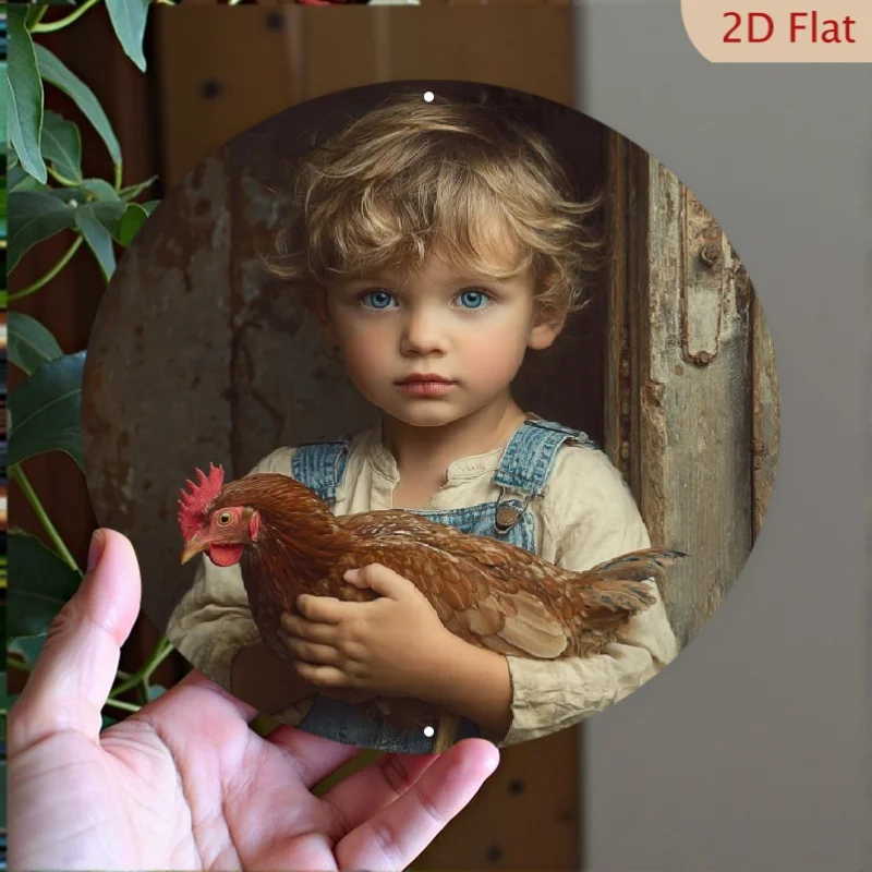 

2D Flat Vintage Cute Boy With Hen Round Wreath Metal Sign - Aluminum Wall Decor For Kitchen, Coffee Shop