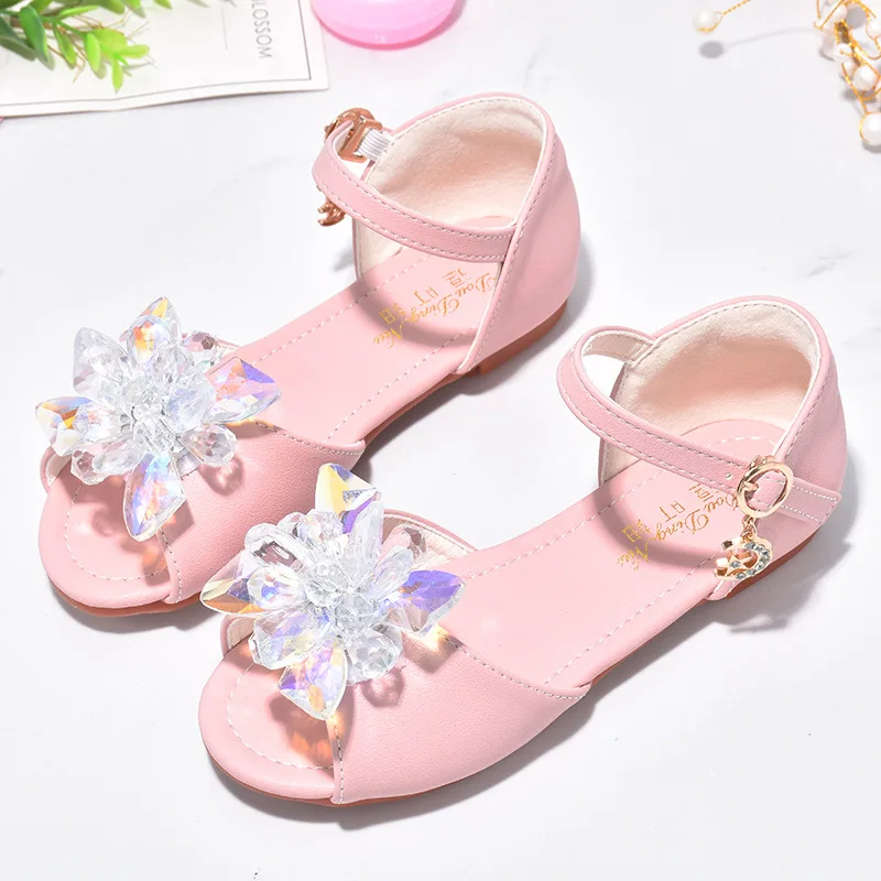 Girls Crystal Princess Wedding Shoes White Pink Children's Sandals Fashion Bowknot Kids Performance Dance Party Soft Soled Shoes