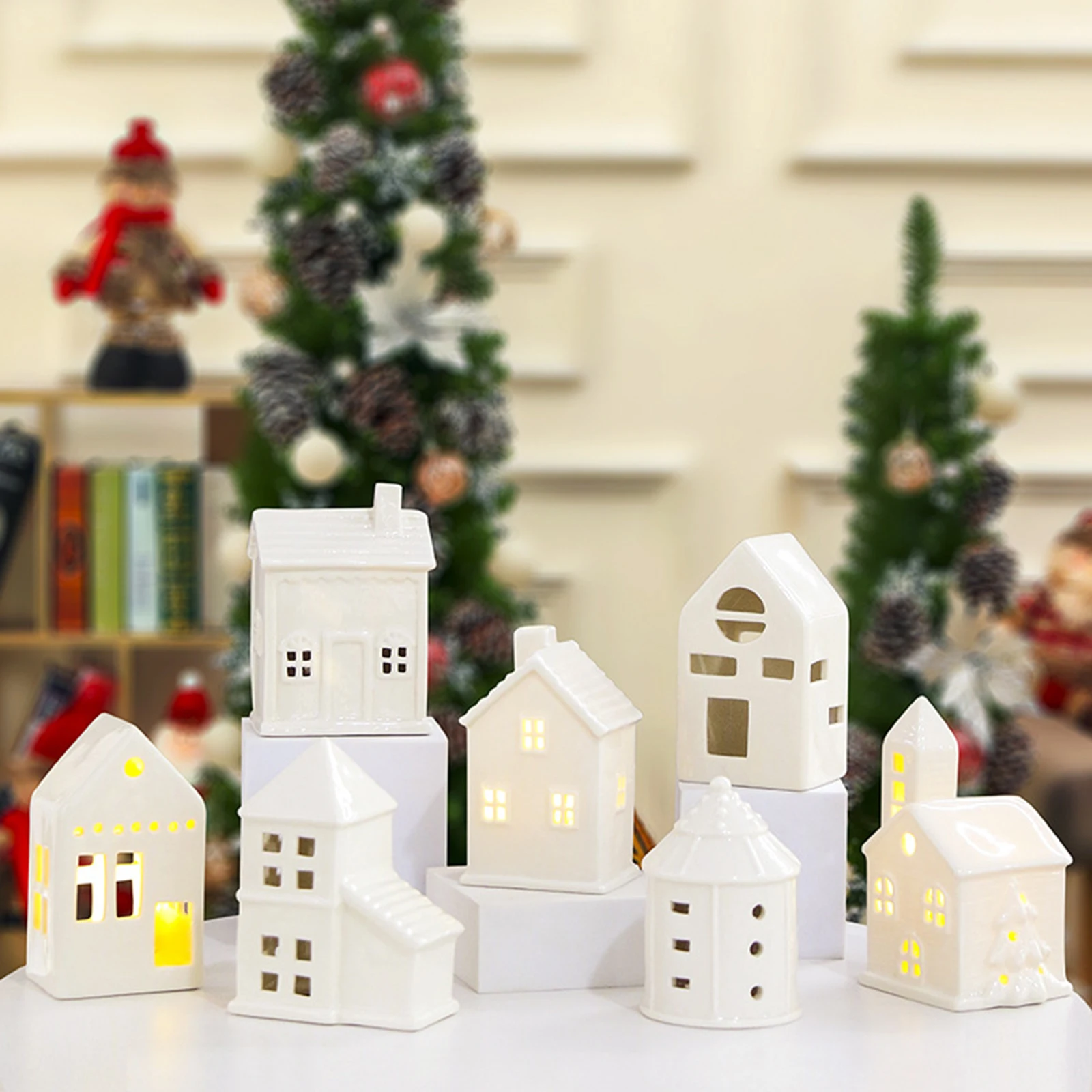 LED Porcelain House Ornament Xmas Village House Ceramic Night Lamp Miniature Figurines for Wedding Decor Festival Gift Decor