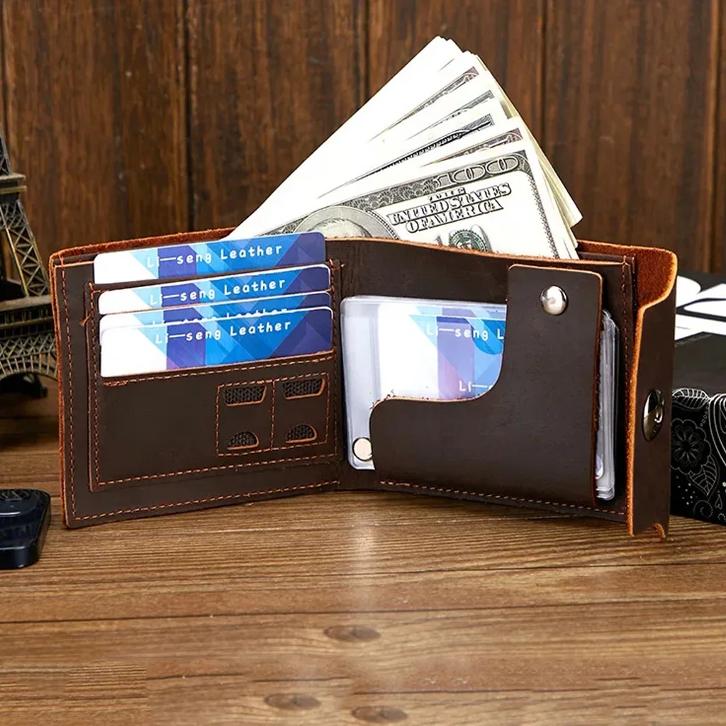Men's Crazy Horse Leather Wallet Retro Handmade Bifold Short Purses Vintage Minimalist Cowhide Card Holder for Men
