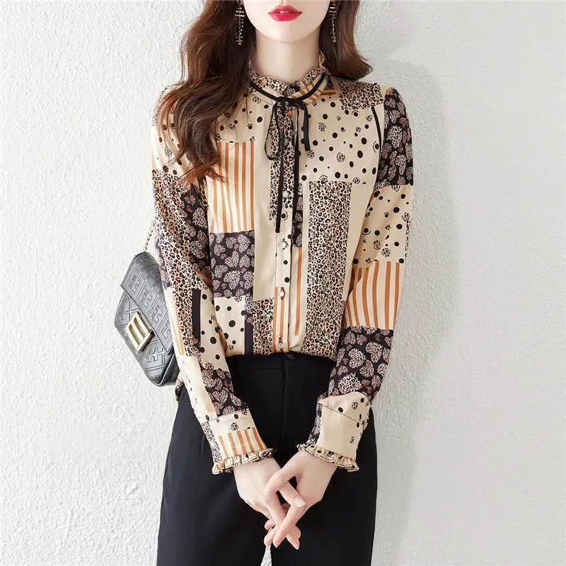 Spring Autumn New Round Neck Long Sleeve Fashion Shirt Women Casual Printing Button Lacing Cardigan Edible Tree Fungus Chic Top