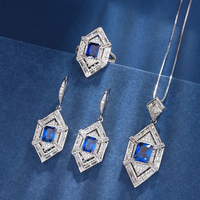 Conjunto de Plata S925 Bañada en Oro de 18K y Platino PT950 con Zafiro Real, Diseño Exclusivo, Piedra Principal 8 * 10-6 * 8