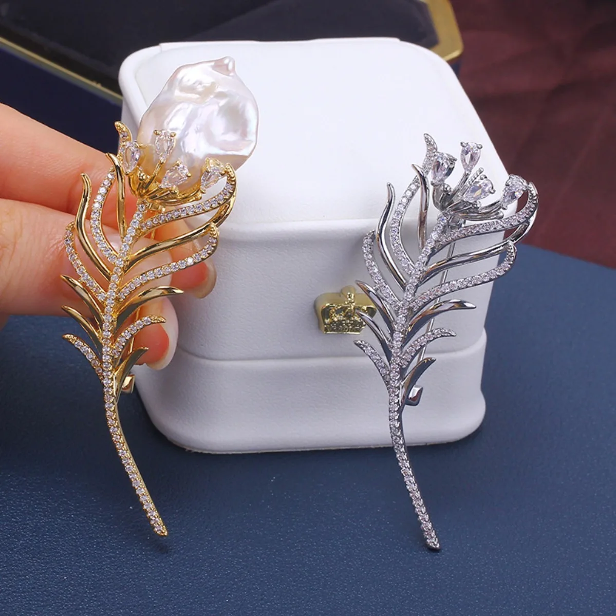Brass Gold Plated Feather Brooch Blank, Exquisite, For Baroque Irregular Pearl, Coat Pin DIY Corsage Accessory