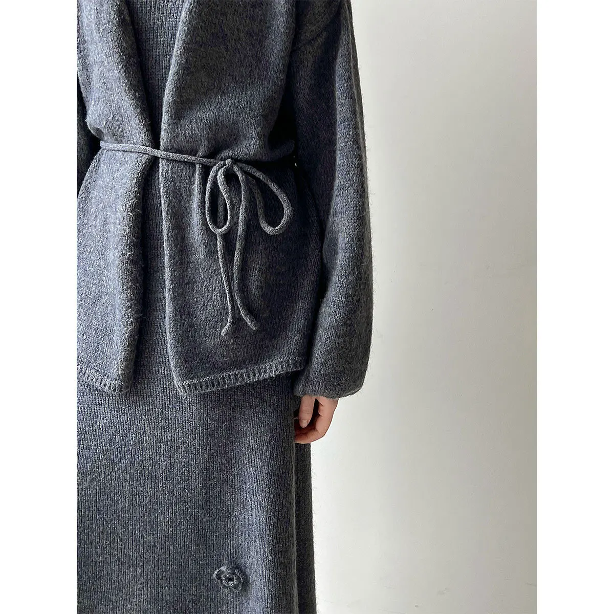 UMI MAO 한국 스타일 가을 겨울 신상 레이지 스타일 베스트 드레스 + 가디건 재킷 여성용 입체 꽃 투피스 세트