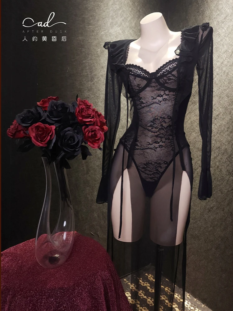 

Women's Black Gothic Nightdress Sexy Lace Long Lingerie Nightwear Bath Robe Gown Nightdress Nightgown Home Dress Clothing Summer