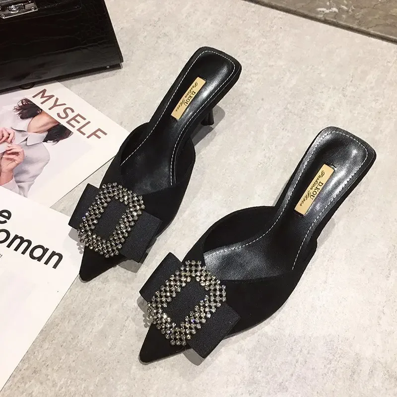 Baotou Half Slipper Clogs Shoe Women Pointed Toe Stiletto High Heels Korean All-match Pumps Luxury Square Rhinestone Mules Shoes