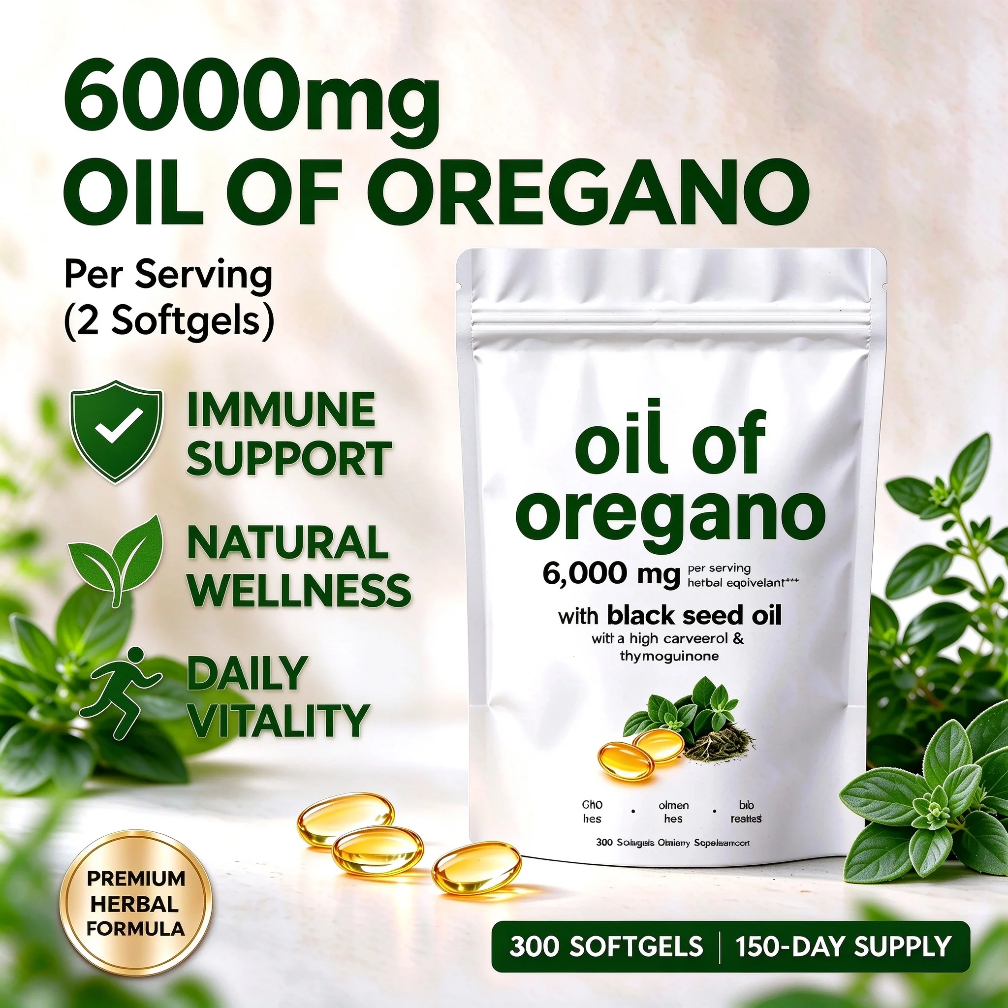 Oil of Oregano Softgels 6000mg with Black Seed Oil Extract Carvacrol Natural Immune Support Herbal Dietary Supplement 300 Count