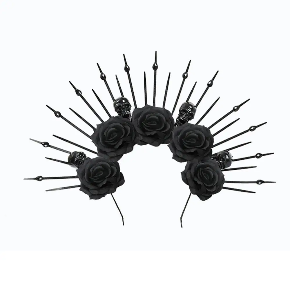 Party Attire Skull Rose Veil Headband Black Rose Gothic Queen Halloween Skull Hair Hoops Plastic Skull Gothic Flower Hair Hoops