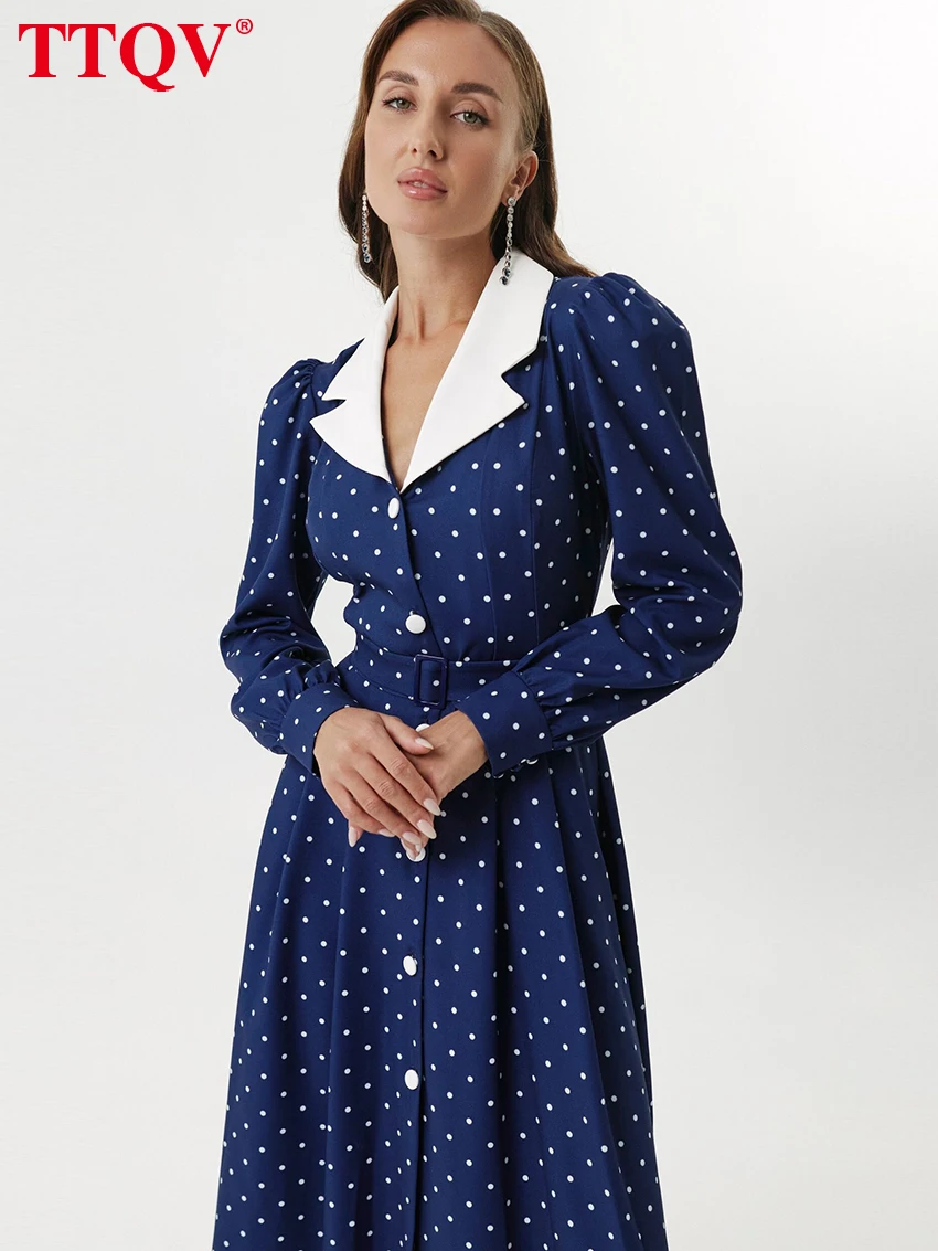 

TTQV Fashion Loose Print Women Dress 2025 Casual Lapel Long Sleeve Office Lady Midi Dresses Elegant Classic Belt Female Dress