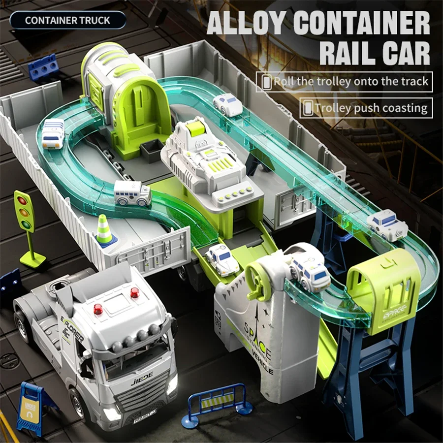 Ciężarówka ze stopu metalu z podnośnikiem, tor wyścigowy z funkcją wyrzutu, model pojazdu inżynieryjnego z napędem inercyjnym, zabawka, prezent na Boże Narodzenie