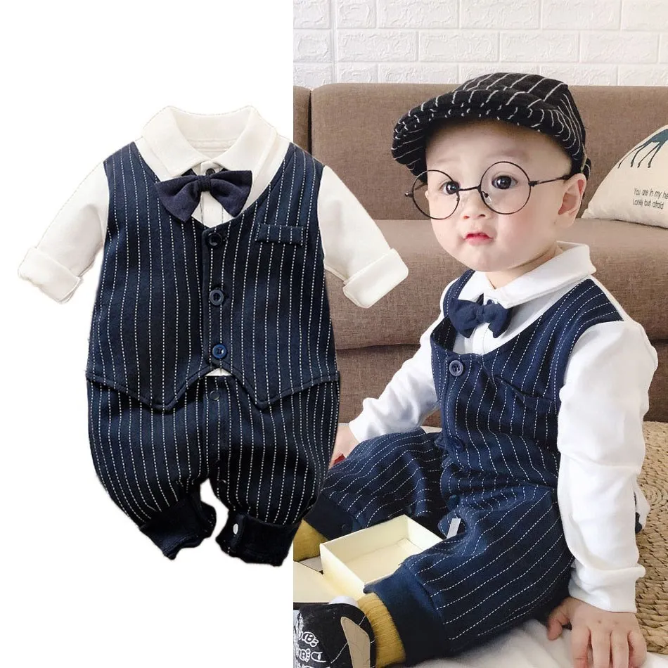 

Baby Boy Bow Tie Romper Newborn Sailor Navy Playsuit Infant Long Sleeves Clothes Toddler Jumpsuits Onesie New Children Overalls