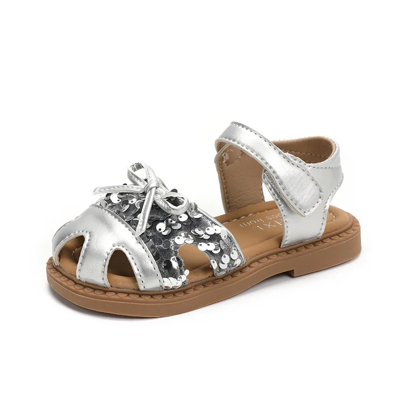 Sliver Newest 2026 Summer Baby Girl Bling Bowknot Sandals Small Children's Shoes Soft Bottom Non-slip Sandals Beige Shoes Kids