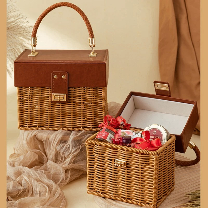 Wooden Rattan Box Go For A Picnic With A Basket To Go  Square Trapezoid, Semi-circular Rattan knitted Retro Gift Box Good Gifts