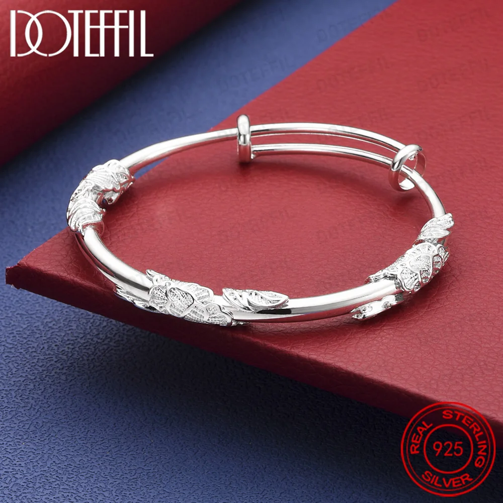 925 Sterling Silver Adjustable Engraved Flower Bangle for Women Wedding Engagement Party Jewelry Accessories