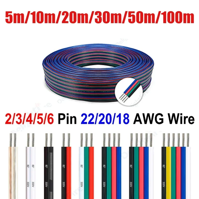 5V 12V Led Lighting Extension Electronic Cables 2 3 4 5 6 Pin 22 20 18 AWG PVC Wire for 5050 RGBW RGB CCT LED Strip Auto Speaker