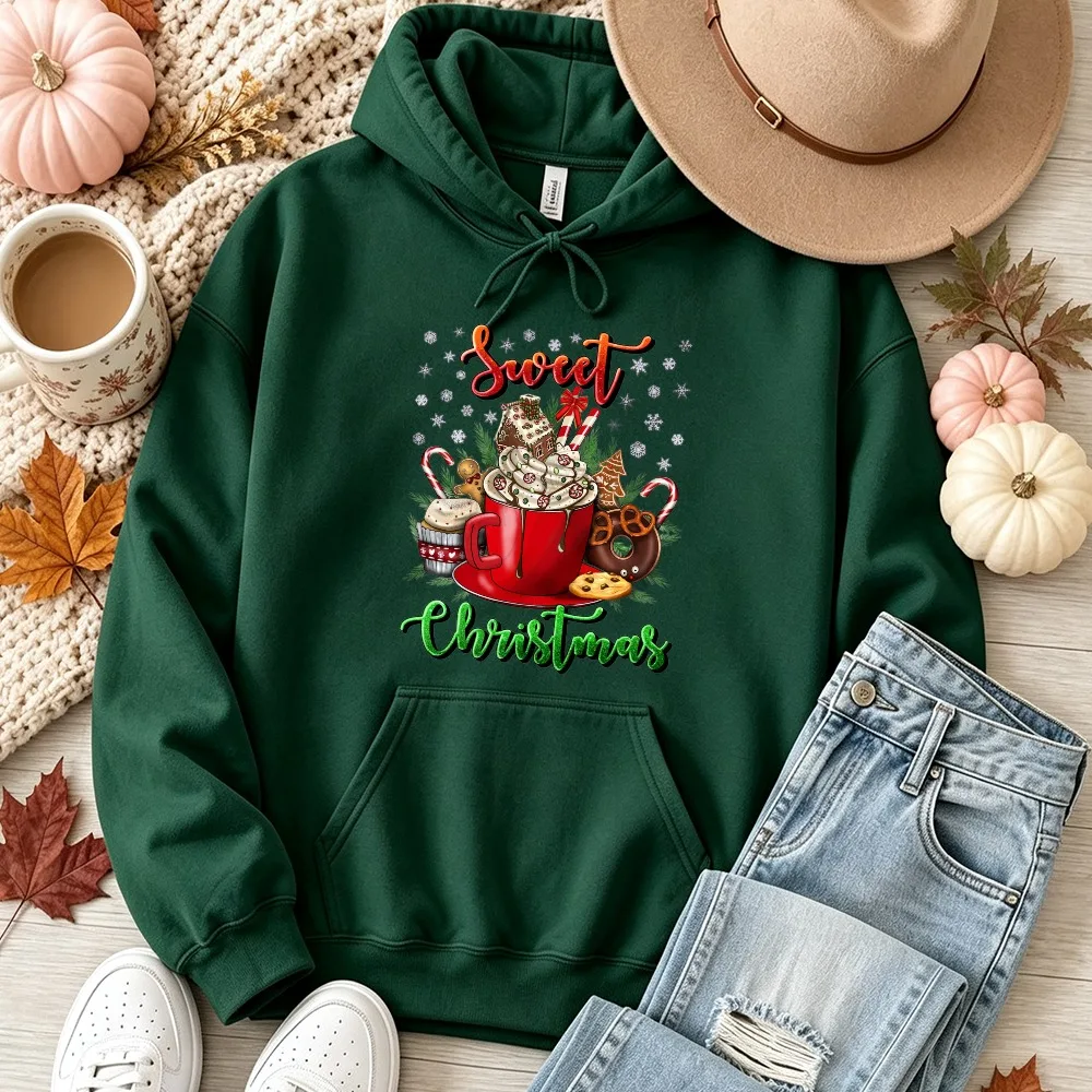 Unisex Sweet Christmas Hot Cocoa Mug Graphic Hooded Sweatshirt Candy Cane Gingerbread Cookie Winter Holiday Xmas Pullover Tops