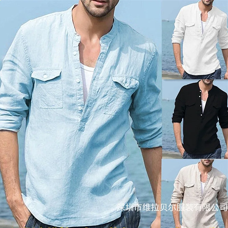 Men Linen Cotton Shirt Pocket Casual Blouse Top