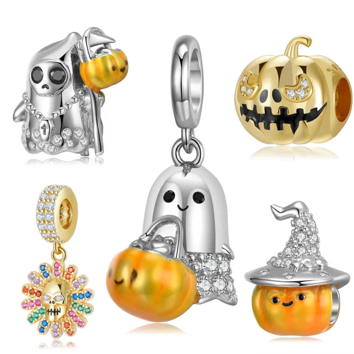 

925 Sterling Silver Halloween Pendants Charms Evil Golden Pumpkin Bat Skull Fine Pendant Fit Original Charm Bracelet Jewelry