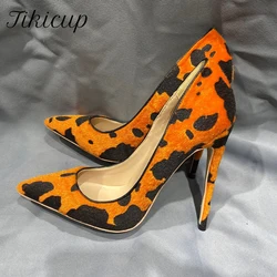 Tikicup Orange Horse Hairy Women Sexy Pointy Toe High Heel Shoes Unique Design Sexy Slip On Party Stiletto Pumps Plus Size 33-46
