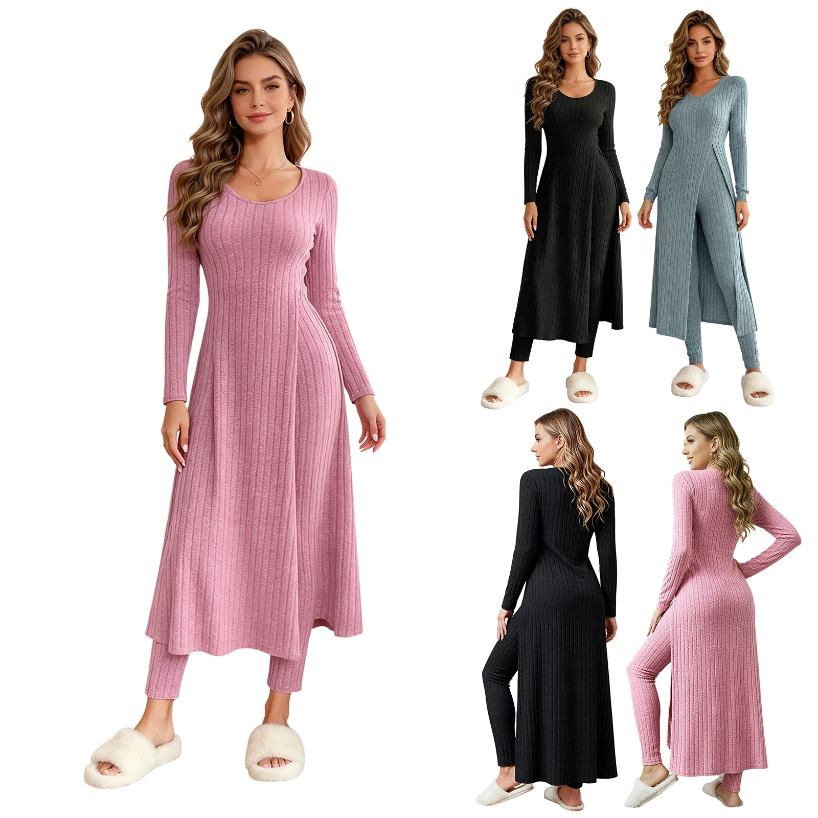 2-piece Women Ribbed Pajama Set Loungewear Casual Homewear Long Sleeve Side High Split Top with High-waisted Leggings
