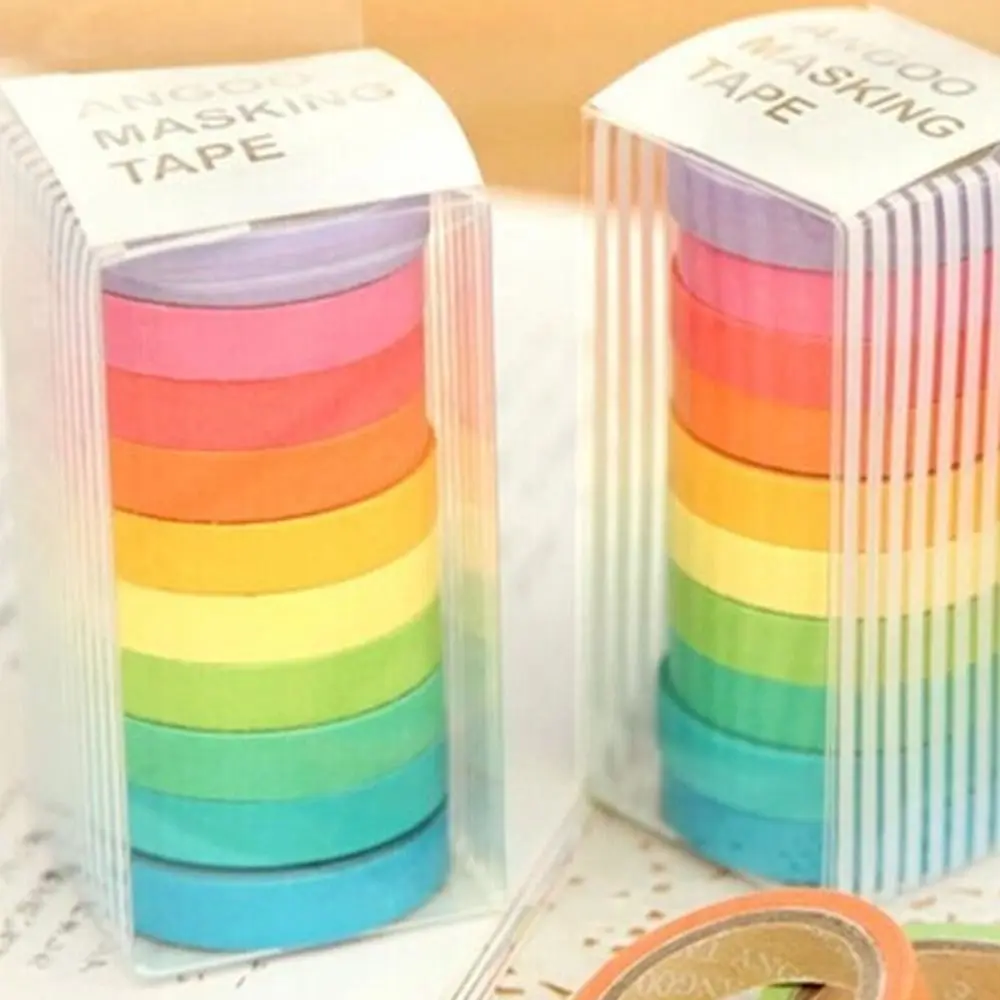 10 Rolls Adhesive Scrapbooking Tapes Paper Sticker Rainbow Solid Color Masking Tapes Portable Cute Decorative Tape Gift Wrapping