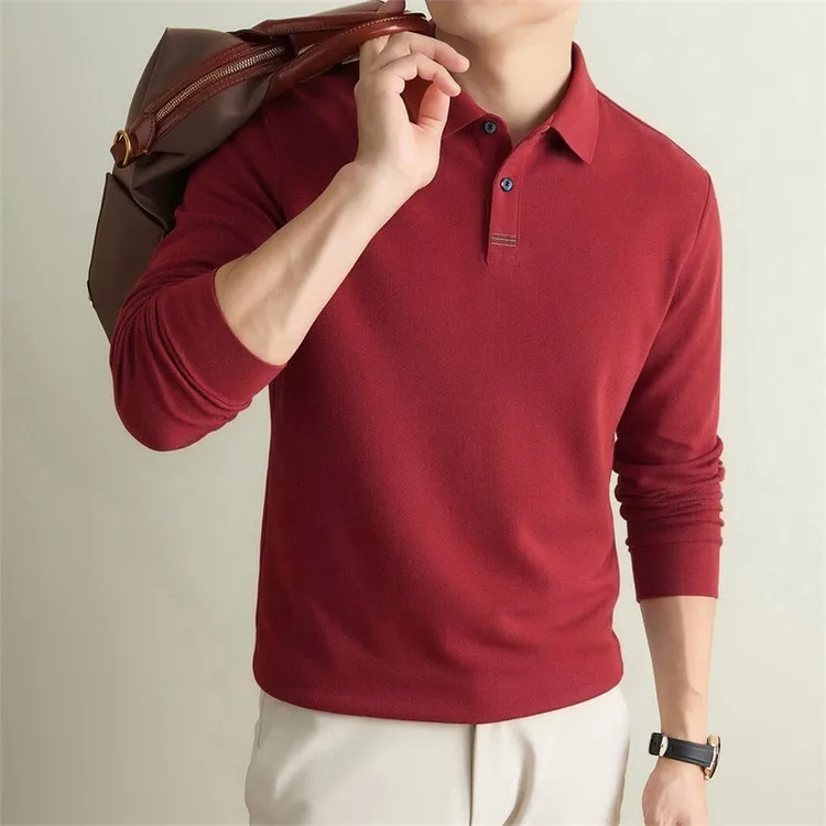100% Mercerisierte Baumwolle Einfarbiges Business-Casual-Oberteil Herren Old Money Style Langarm-Poloshirt – Detail 36