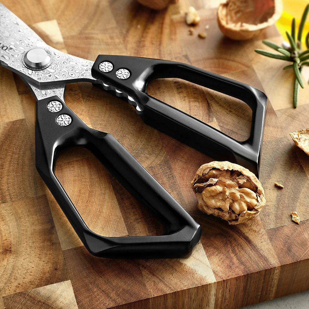 XINZUO Multifunction Kitchen Scissor 110 Layer Damascus Steel Stainless Steel Blade 58-62 HRC Black Aluminium Alloy Handle