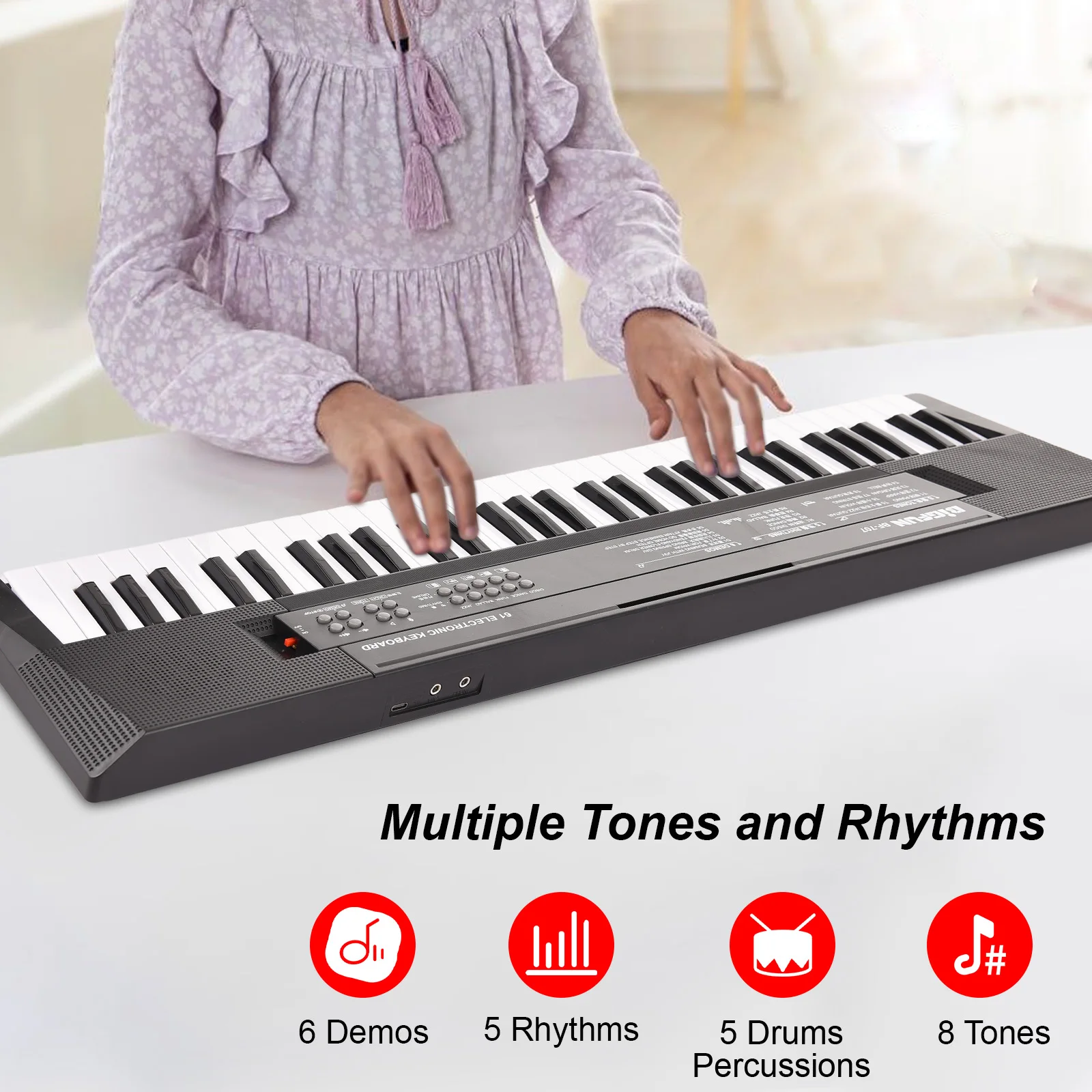 BIGFUN 61 Key Electronic Keyboard Piano Dual Speakers 8 Tones 5 Rhythms 6 Demos with Microphone Portable Keyboard for Beginners