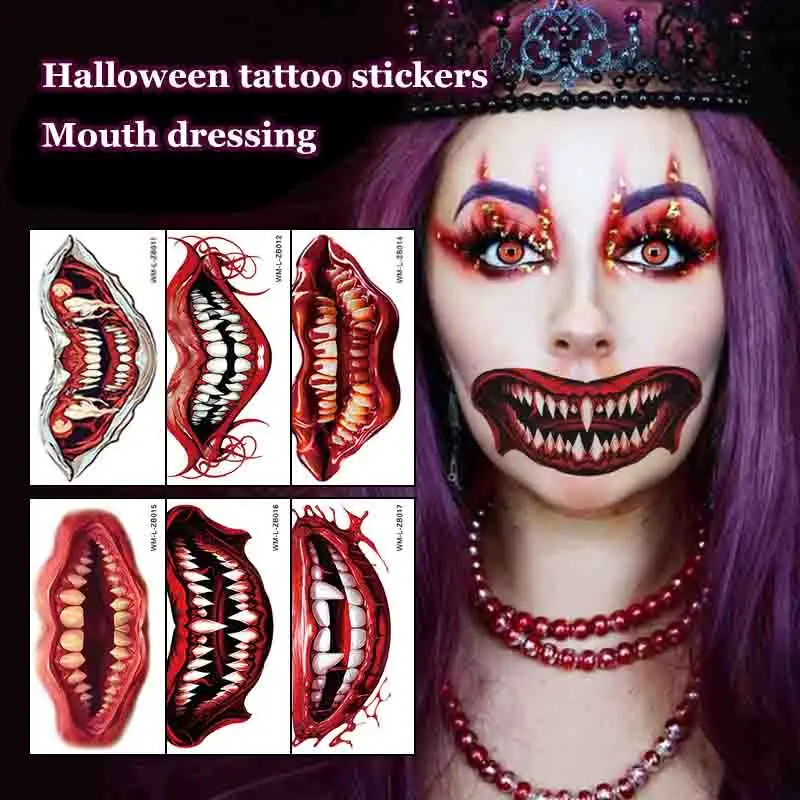 

2025 New Halloween Tattoo Sticker Face Sticker 5 Pcs/set Mouth Teeth Tattoo Sticker Waterproof Dark Wind Funny Makeup