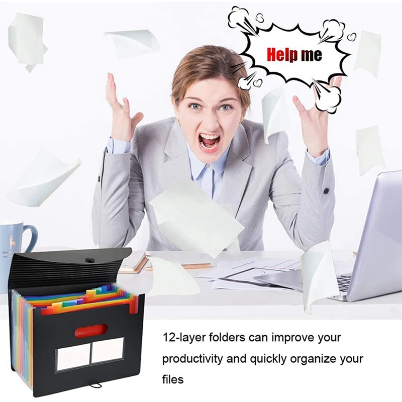 컬러 탭이 있는 A4 아코디언 지폐 영수증 폴더, 파일 정리함 파일링 박스, 3X 확장 파일 폴더, 12 포켓