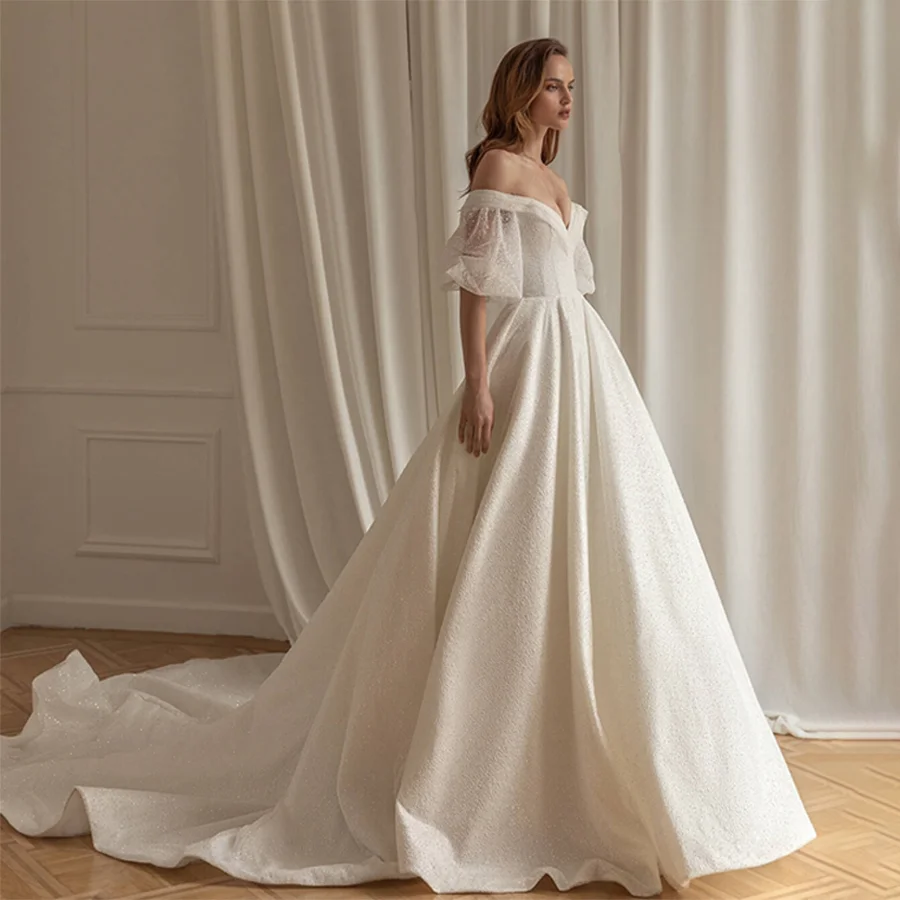 

Nicely с открытыми плечами и короткими рукавами, пышная юбка, свадебное платье трапециевидной формы, блестящее свадебное платье длиной до пола и на молнии