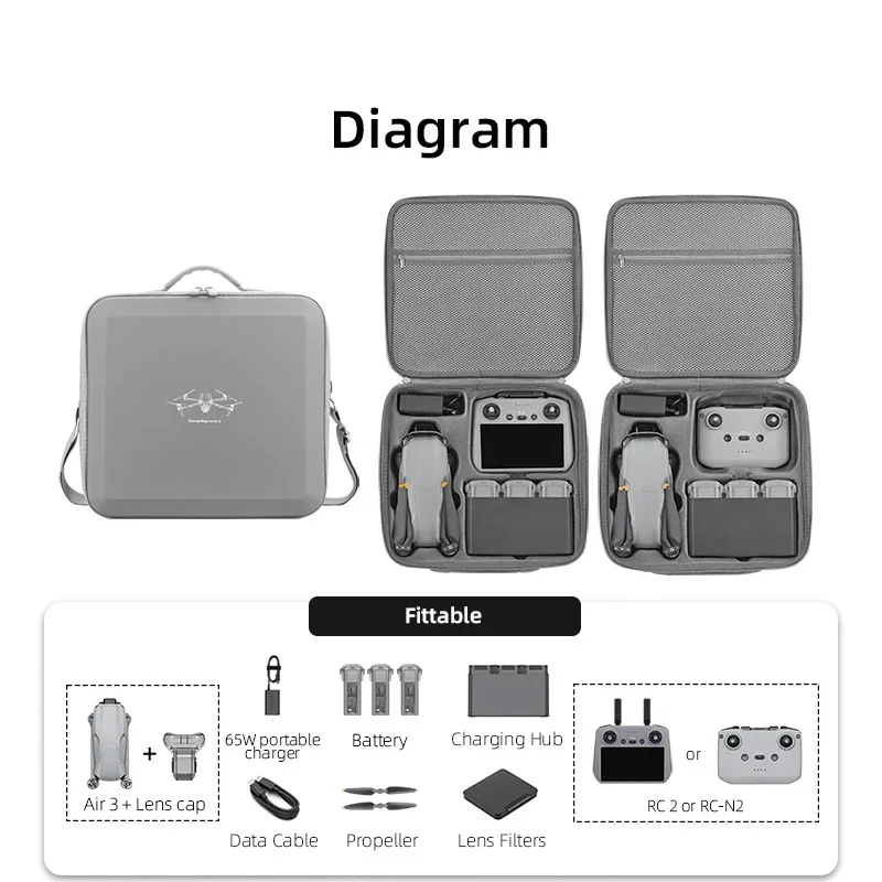 Storage Bag for DJI Air 3S/3 All-in-one Carrying Case Handbag Travel PU Suitcase with Shoulder Strap Drone RC 2 RC-N2 Accessory