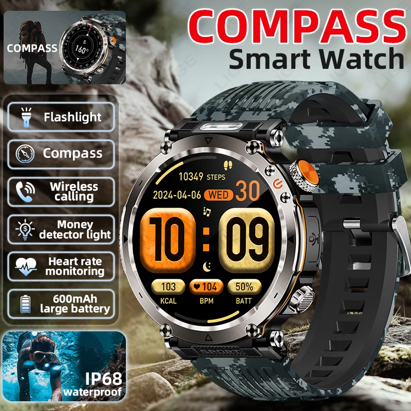 LIGE Smart Uhr Männer 600 mAh Batterie LED Taschenlampe Bluetooth Anruf Kompass Uhr Herzfrequenz Gesundheit Wasserdichte Sport Smartwatches